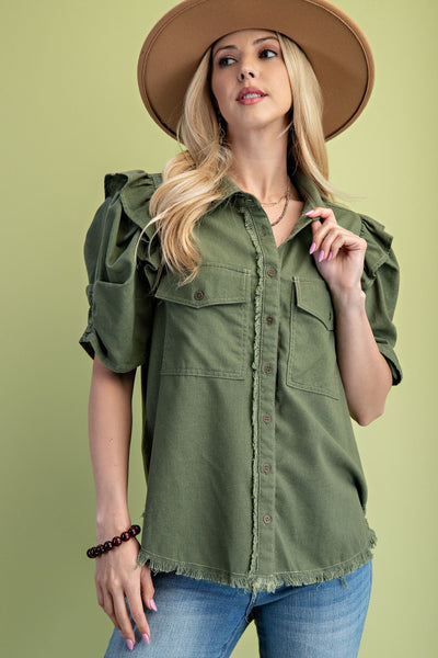 Ruffled Gathered Sleeve Button Up Top