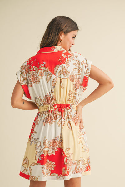 Paisley Pleated Waist Button Down Mini Dress