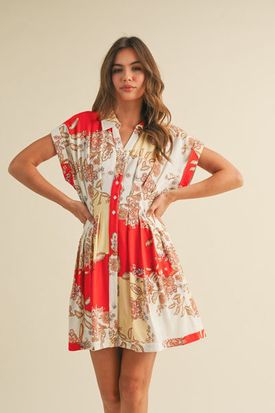 Paisley Pleated Waist Button Down Mini Dress