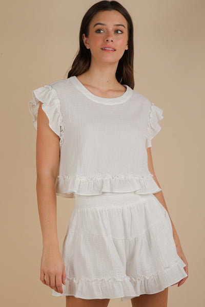 Ruffled Solid Woven Top & Shorts Set