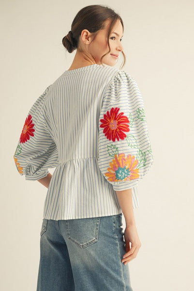 Embroidered Stripe Babydoll Top
