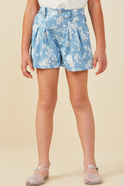 Girls Romantic Floral Pleated Chambray Shorts