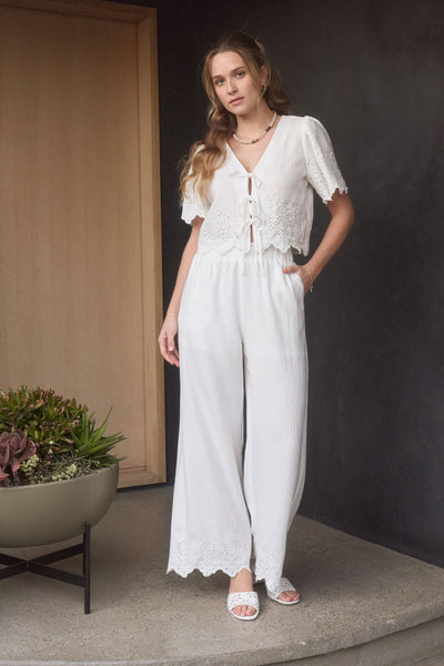 Eyelet Trim Front Tie Top & Pant Set