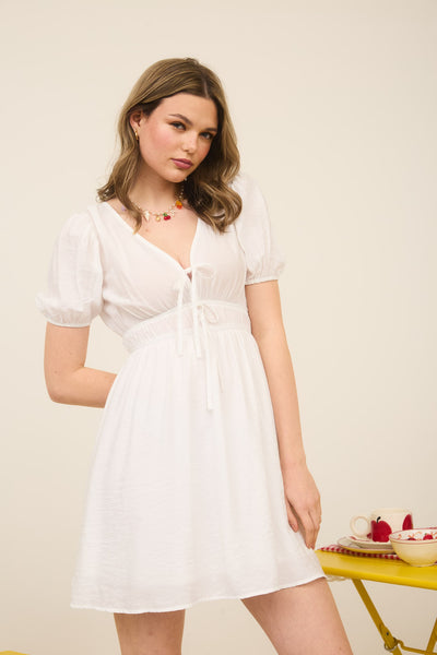 Deep V Front Tie Puff Sleeve Mini Dress