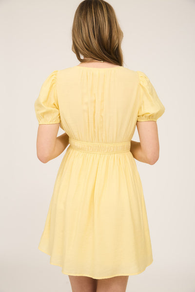 Deep V Front Tie Puff Sleeve Mini Dress