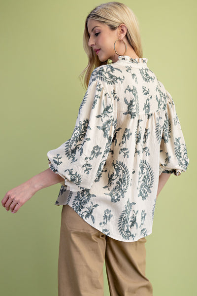 Button Down 3/4 Balloon Sleeve Top