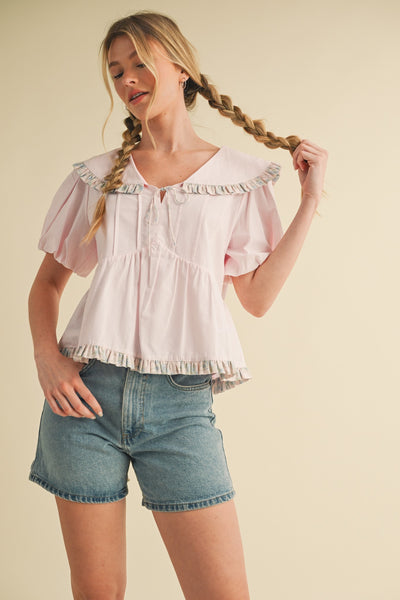 Doll Collar Ruffle Trim Babydoll Top