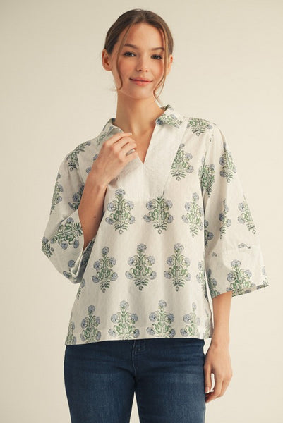 3/4 Sleeves Stripe Contrast Floral Top