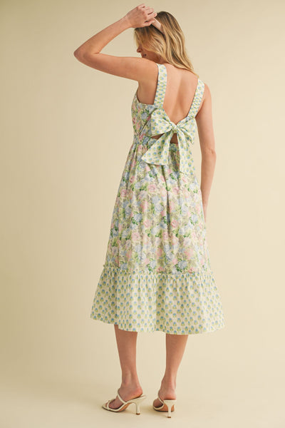 Mixed Floral Print Bow Back Midi Dress