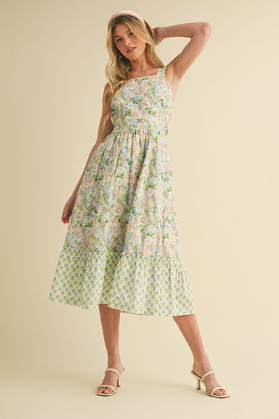 Mixed Floral Print Bow Back Midi Dress