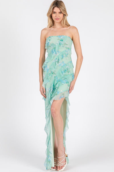Power Mesh Ruffle Maxi Dress
