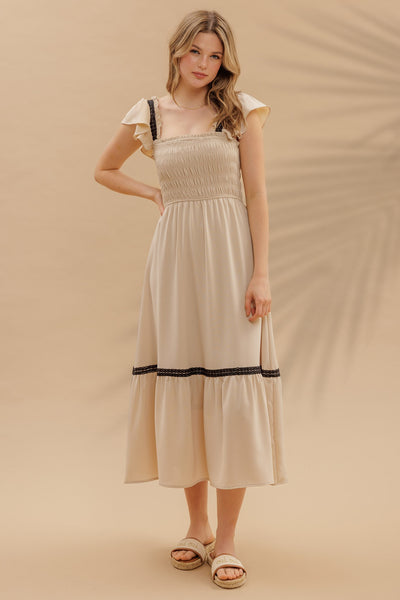 Smocked Ruffle Sleeveless Midi Dress