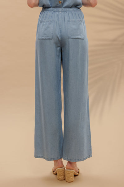 Drawstring Waist Wide Leg Chambray Pants