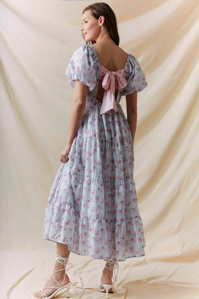 Floral Bubble Sleeve Back Tie Detail Dress