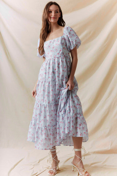 Floral Bubble Sleeve Back Tie Detail Dress