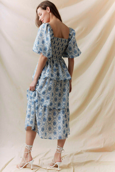 Smocked Bodice Bubble Sleeve Midi Dress