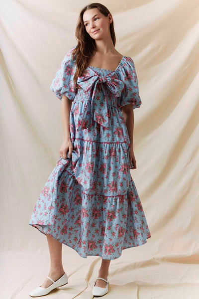 Square Neck Printed Front Tied Maxi Dress