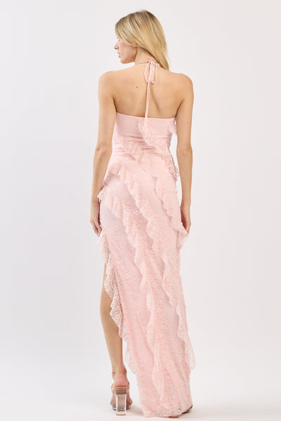 Lace Halter Neck Ruffle Maxi Dress