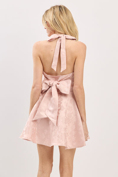 Satin Jacquard Halter Neck Mini Dress
