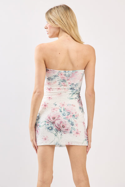 Floral Mesh Beads Cowl Mini Dress