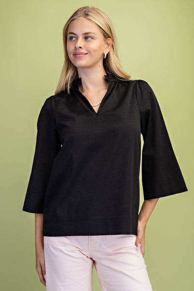 Ruffled V-Neck 3/4 Wide Sleeve Top