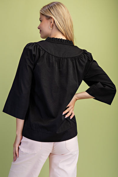 Ruffled V-Neck 3/4 Wide Sleeve Top