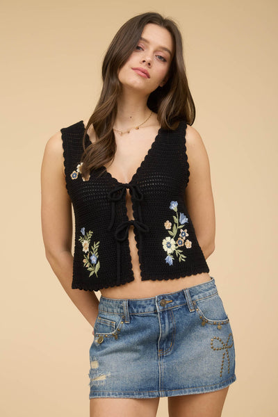 Floral Embroidery Front Tie Crochet Vest Top