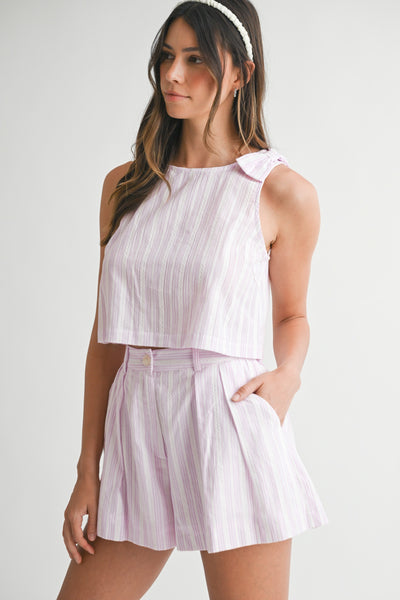 Pin Stripe Shoulder Bow Top & Shorts Set