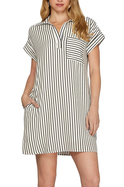 Drop Sleeve Striped Woven Shirt Mini Dress