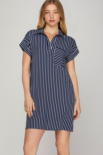Drop Sleeve Striped Woven Shirt Mini Dress