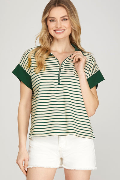 Short Sleeve Half Zip Striped Knit Top