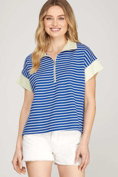 Short Sleeve Half Zip Striped Knit Top