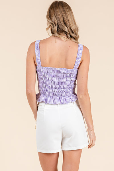 Shirred Tie Strap Top w/ Ribbon Detail