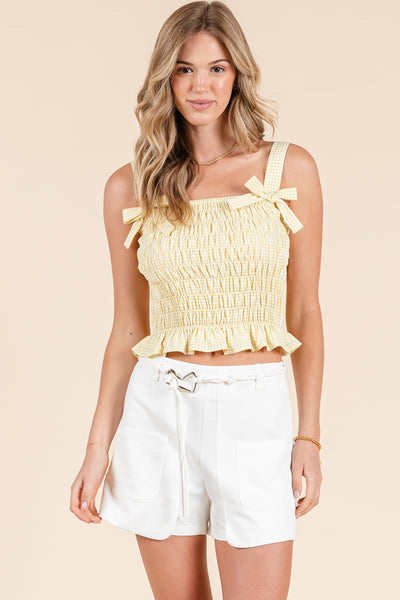 Shirred Tie Strap Top w/ Ribbon Detail