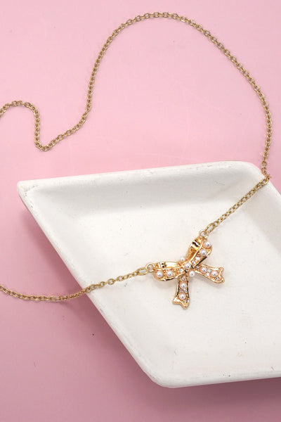 18k Stainless Steel Pearl Bow Necklace