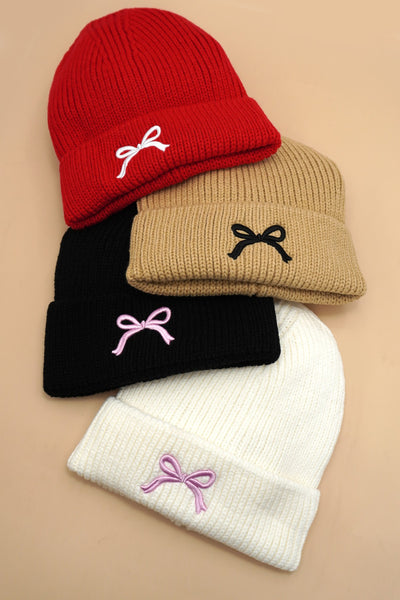 Soft Ribbed Knit Bow Accent Beanie