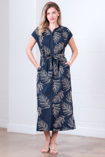 Button Down Belted Embroidery Dress
