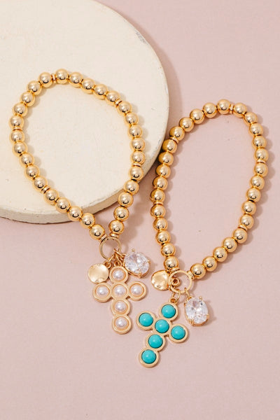 Rhinestone Cross Beaded Charms Bracelet