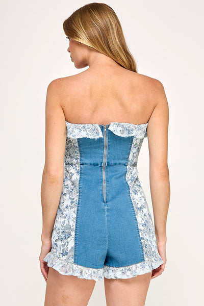 Stretch Denim Floral Lace Romper