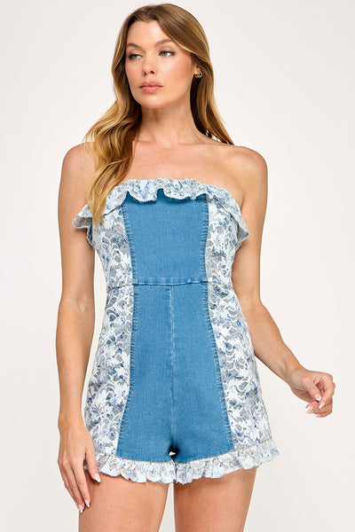 Stretch Denim Floral Lace Romper