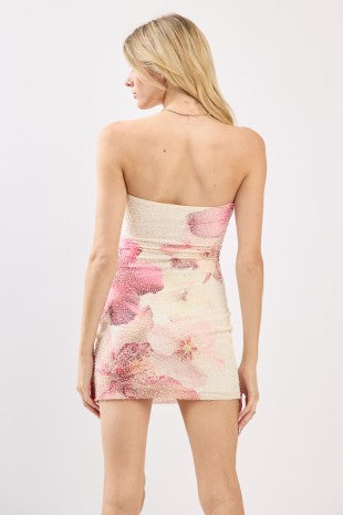 Flower Mesh W/ Beads Tube Mini Dress