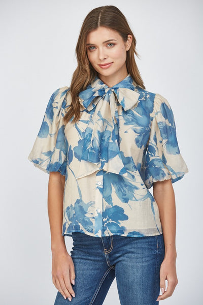 Removable Neck Tie Lantern Sleeve Top