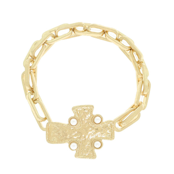 Gold Cross Chain Stretch Bracelet with Pearls