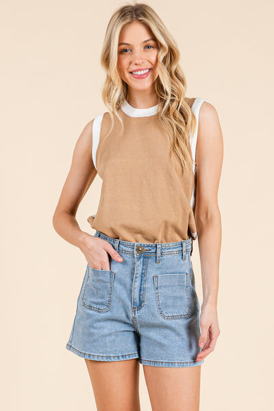 High Waist Blanket Stitch Denim Shorts