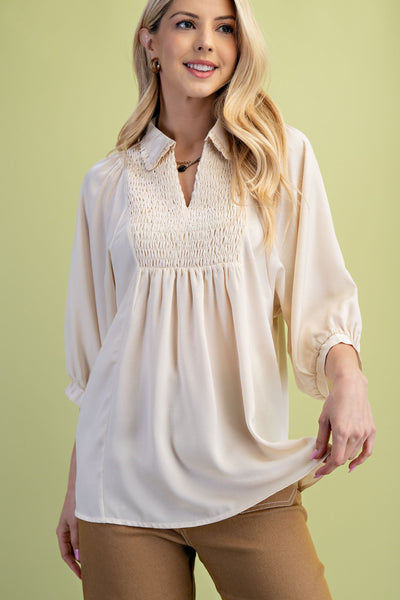 Satin V-Neck Smocked Yoke Top
