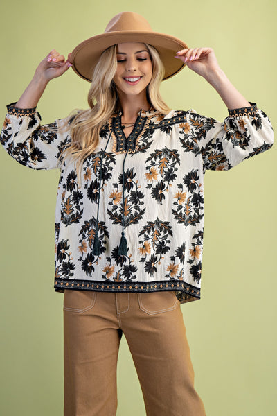 Floral Print 3/4 Length Sleeve Blouse