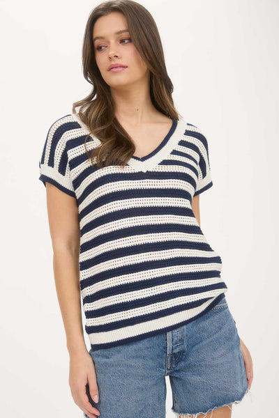 Stripe V-Neck Crochet Knit Sweater Top