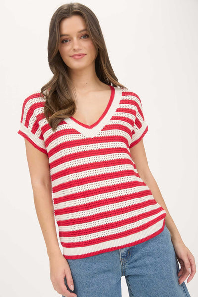 Stripe V-Neck Crochet Knit Sweater Top