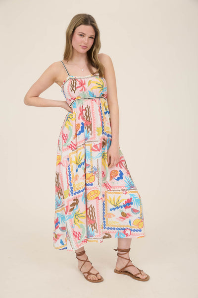 Tropical Braid Trim Sleeveless Midi Dress