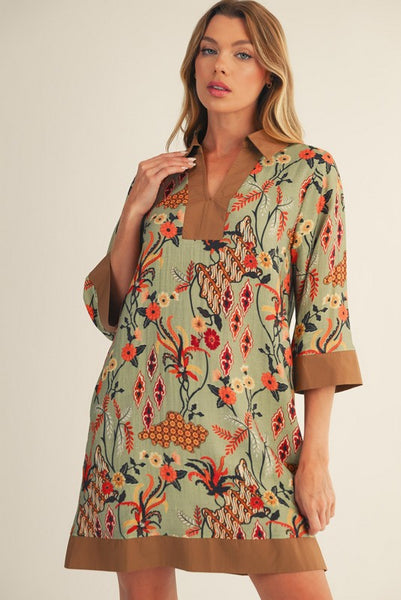 3/4 Sleeves Boho Floral Shift Dress